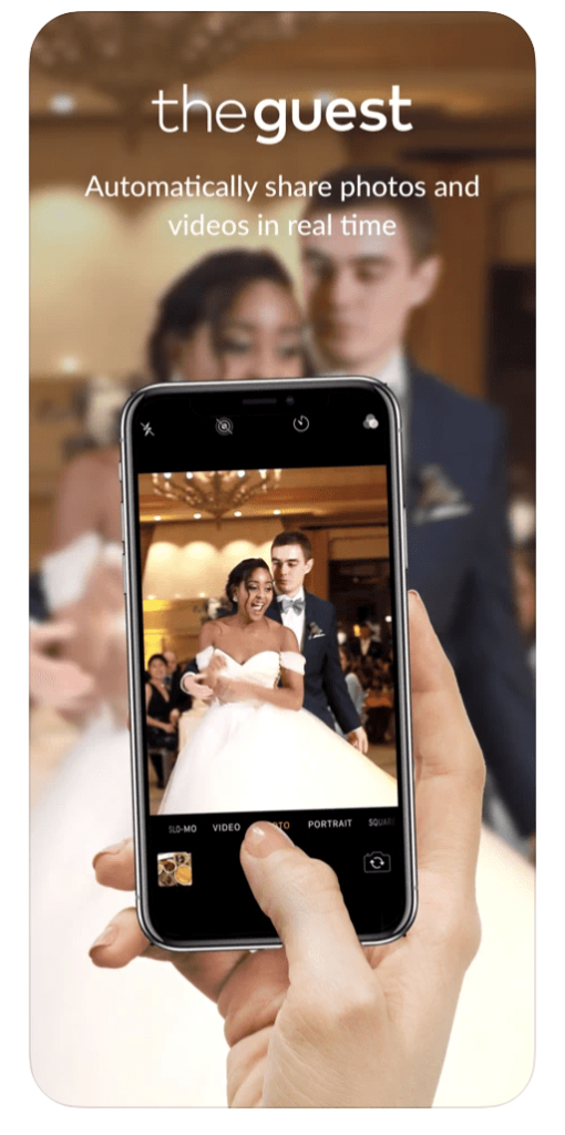 An image of someone using the Guest App on their phone to take a photo of a bride and groom.