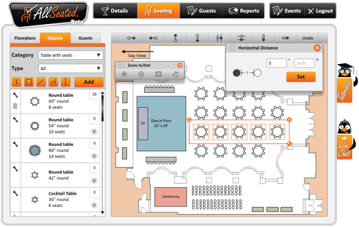 A snap shot of the All Seated App that shows an event floorplan with seating options.