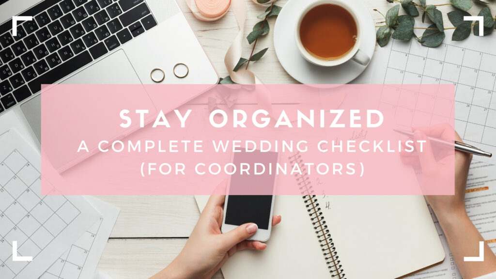 Header image for wedding checklist: top down look at phone, planner, and computer