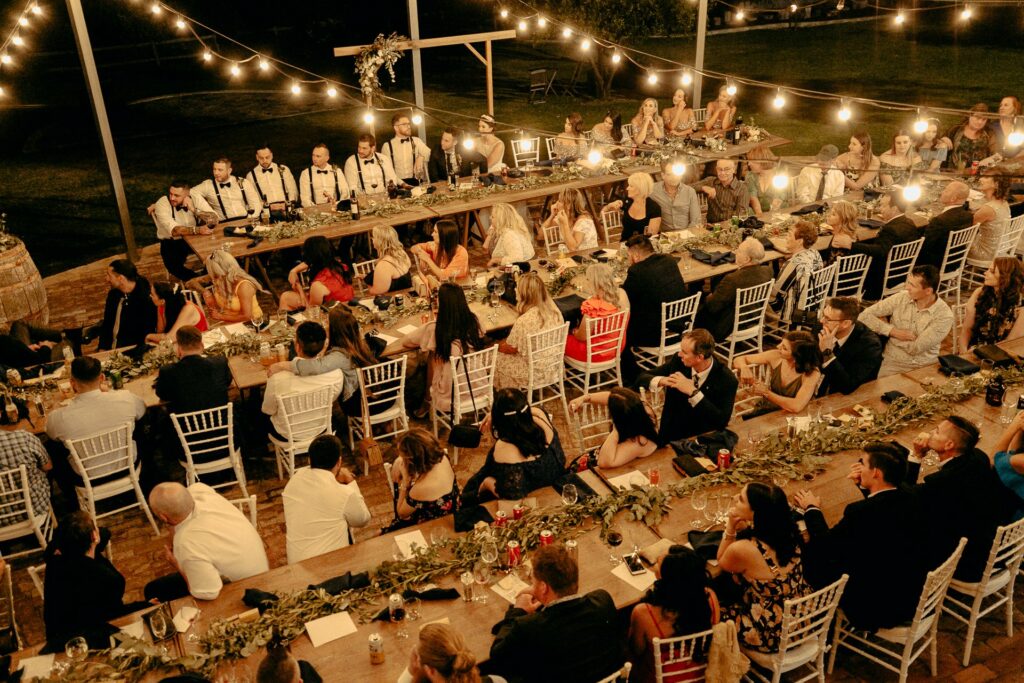 large wedding event, people at tables, celebration