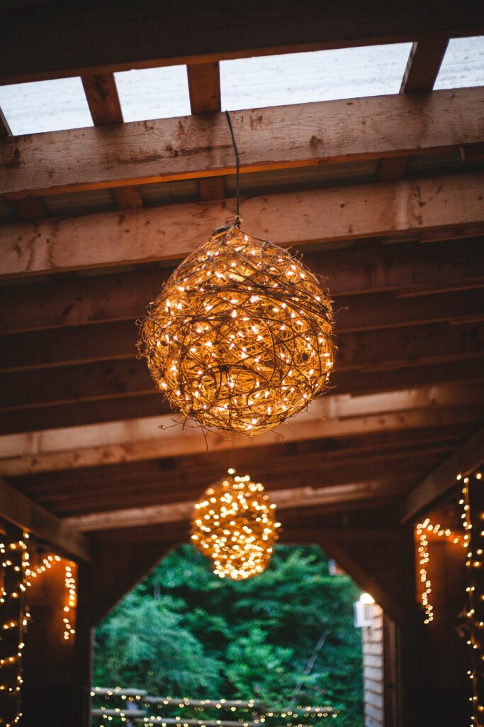 wedding lighting with fairy lights, around baskets